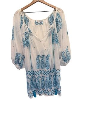Juliet Dunn London Paisley Mirror Embellished Cotton Tunic Mini Dress Sz 1